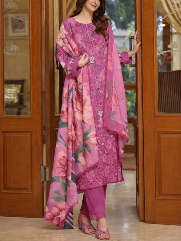  Aneela’s All-Over Print Schiffli Embroidered Lawn Dress with 4-Sided Embroidered Chiffon Dupatta (Unstitched) (DRL-2379)