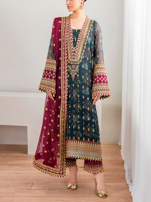 BAROQUE Chiffon Hevy Embroidered Dress With Digital Printed Sequence Embroidered Dupatta (Unstitched) (CHI-1044)