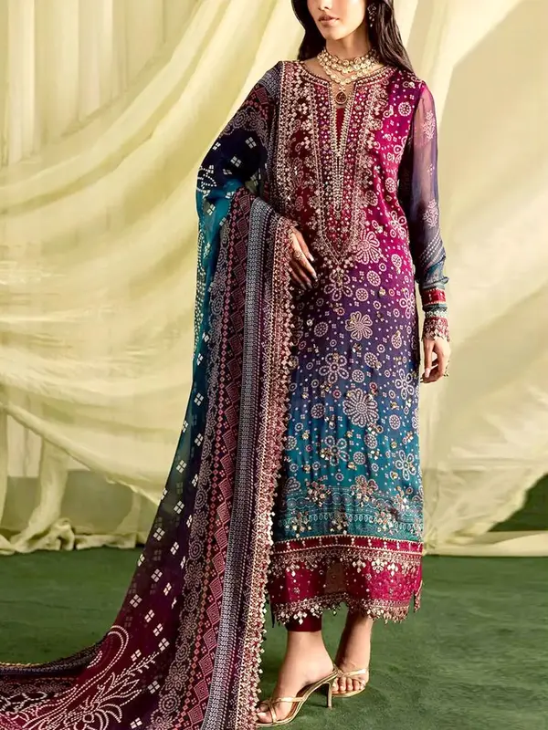  Digital Print Embroidered Multicolor Ombre Lawn Dress with 4-Side Emb. Chiffon Dupatta (DRL-2381)