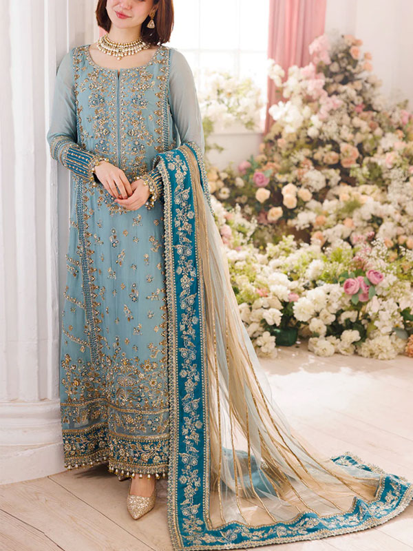 Latest Luxurious Chiffon Heavy Embroidered Dress With Net Tie & Dye Embroidered Dupatta (Unstitched) (CHI-1089)