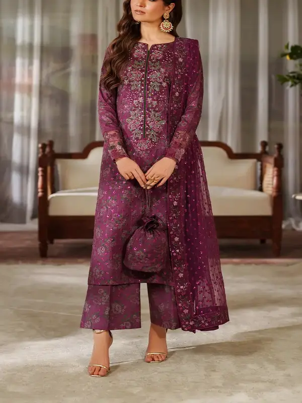 Iznik Luxury Printed Embroidered Lawn Dress with 4-Sided Embroidered Chiffon Dupatta (Unstitched) (DRL-2406)