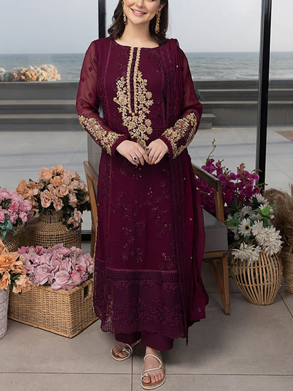 Luxury Chiffon Heavy Embroidered Dress With Chiffon Embroidered Dupatta 3 Pec Suite (Unstitched) (CHI-909)
