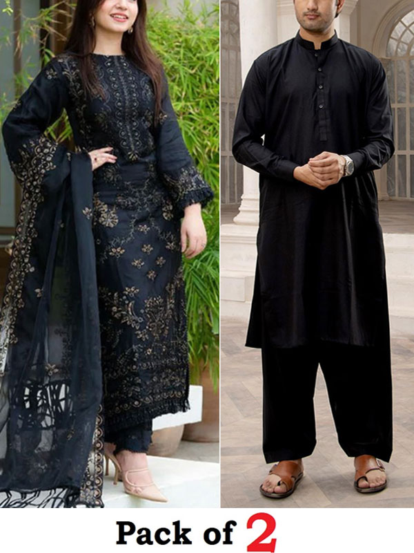 DEAL PACK OF 2 - Elegant Lawn Heavy Embroidered 3 Pec Dress & Men's Orignal Soft Cotton Kameez Shalwar (Unstitched) (Deal-114)