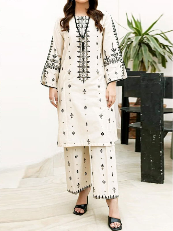 2 PCs Heavy Embroidered Lawn Dress With Heavy Embroidered Trouser (Unstitched) (DRL-2472)