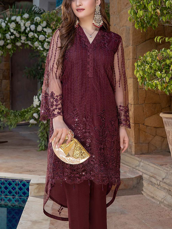NET Sequins Full Heavy Embroidered 2 Pec Dress (Shirt + Trouser) (Un-Stitched) (CHI-776)