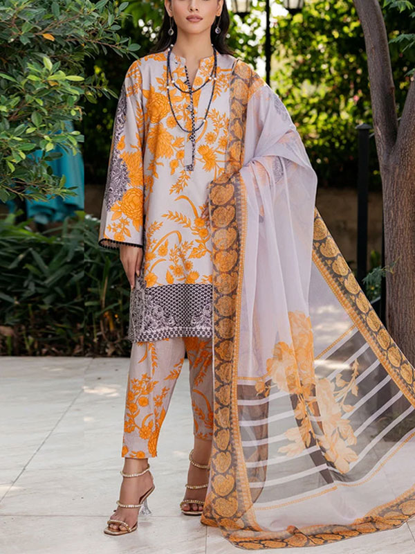 3 PCs Digital Printed Lawn Dress With Printed Lawn Dupatta & Plain Trouser (Unstitched) (DRL-2186)	
