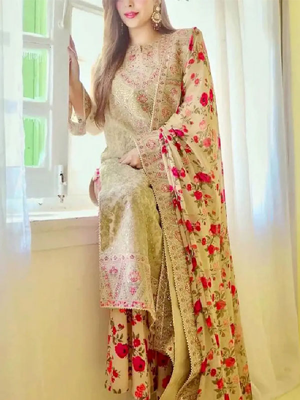 Aneela's Design Heavy Embroidered Chiffon Dress With Silk Trouser (Unstitched) (CHI-1046)