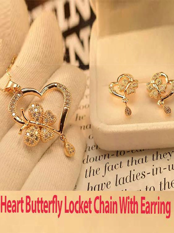 Beautiful Heart Butterfly Locket Chain With Earring (ZV:11309)