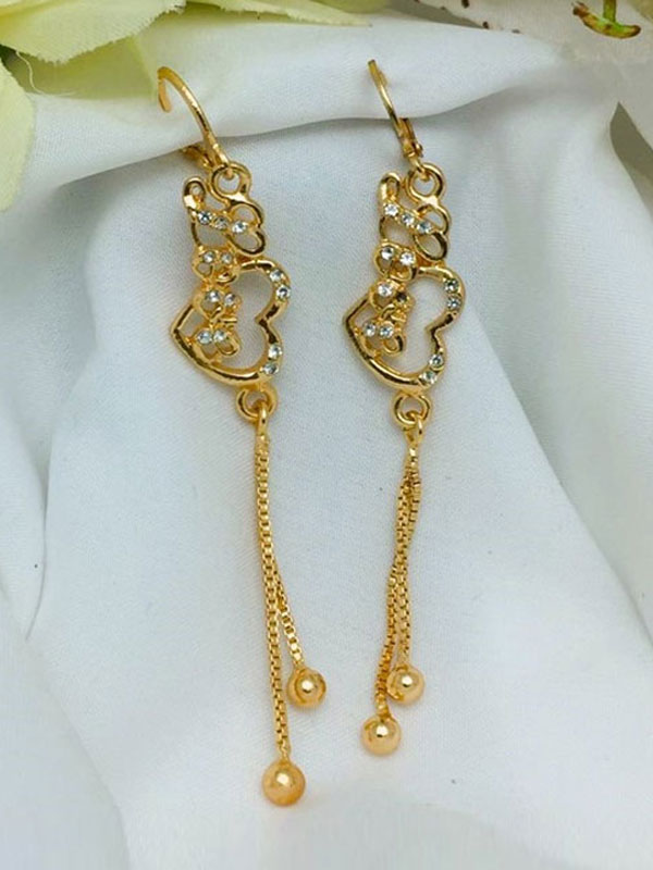 Beautiful Heart Shape Zircon Golden Long Earrings (ZV:20357)