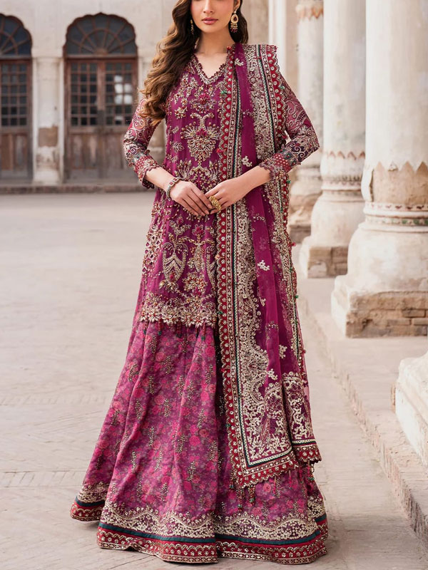 Chiffon Heavy Embroidered Party Wear Dress With Organza Embroidered Dupatta Shahmosh Silk Embroidery Sharara (Unstitched) (CHI-1013)
