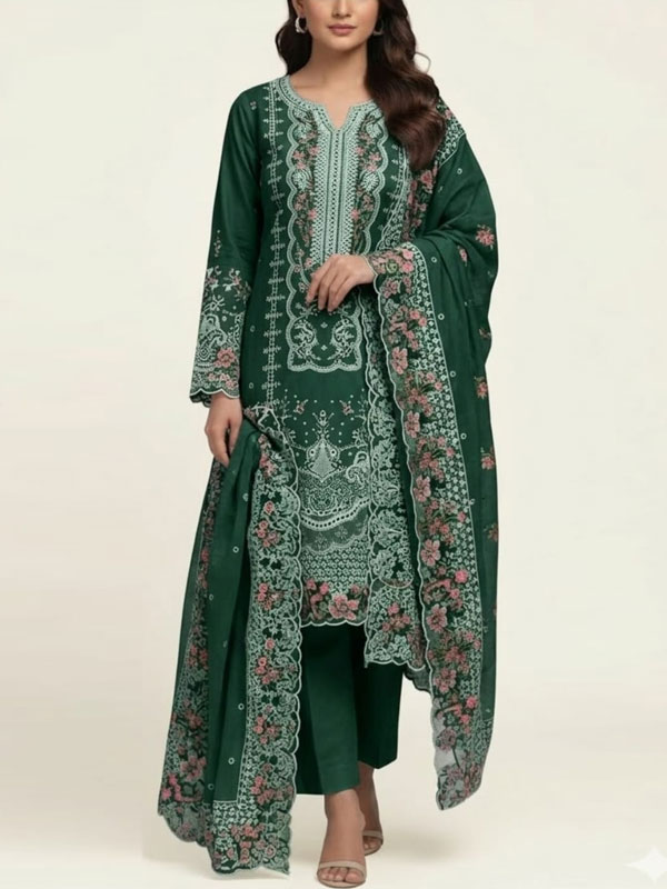 Elegant Boring Chickenkari Lawn Cotton Heavy Embroidered Dress With Embroidered Chiffon Dupatta (Unstitched) (DRL-2430)