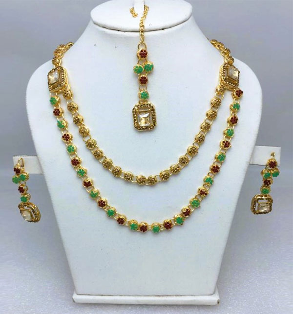 Double Layered Stone Necklace Jewerly Set With Earring And Tikka (ZV:18500)