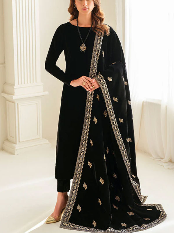 Elegant Velvet Suite Plain Velvet Shirt & Trouser Heavy Embroidered Velvet Shawl (Unstitched) (CHI-1021)	