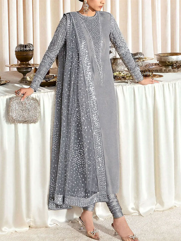 Raw Silk Long Neckline & Sleeves Hand Work Wedding Dress (Unstitched) (CHI-1065)
