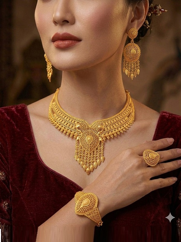 Gold Plated Wedding Necklace Set With Earrings, Ring, and Bracelet (ZV:33384)