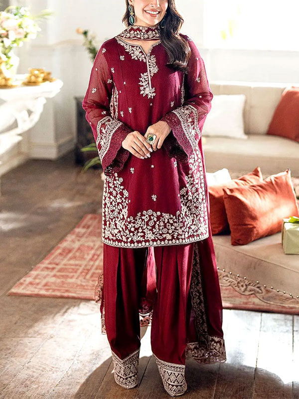 Gorgeous Heavy Embroidered Maroon Chiffon Wedding Dress With Chiffon Embroidered Dupatta (Unstitched) (CHI-1055)