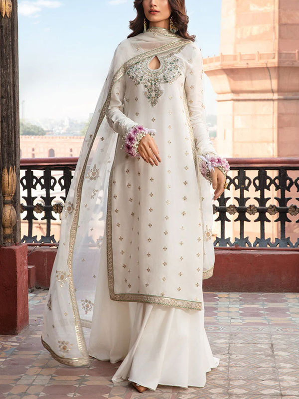 Graceful Embroidered White Chiffon Dress With 4-Sided Embroidered NET Dupatta (Unstitched) (CHI-1083)