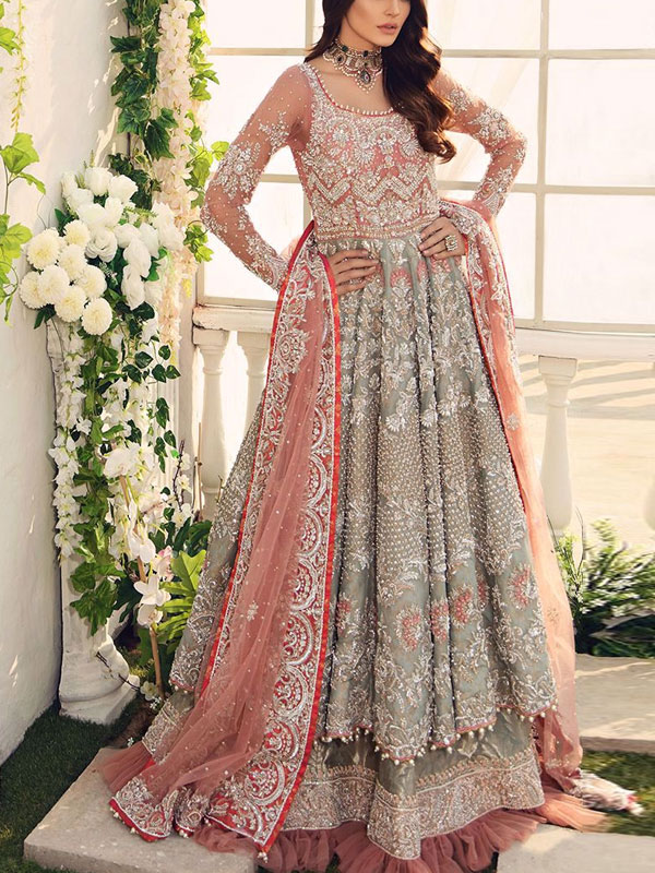 NET Handwork Heavy Embroidered Maxi Dress Net Embroidery Dupatta Jamawar Trouser (Unstitched) (CHI-362)