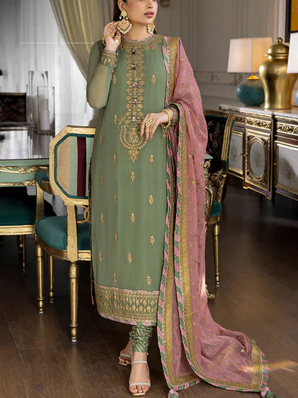 Elegant Chiffon Heavy Embroidered Dress With Heavy Embroidered Chiffon Dupatta Jamawer Trouser (Unstitched) (CHI-979)