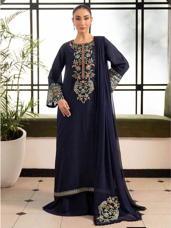 Blue Chiffon Wedding Dress Heavy Embroidery 3 Piece Party wear  With Chiffon Dupatta (Unstitched (CHI-1120)