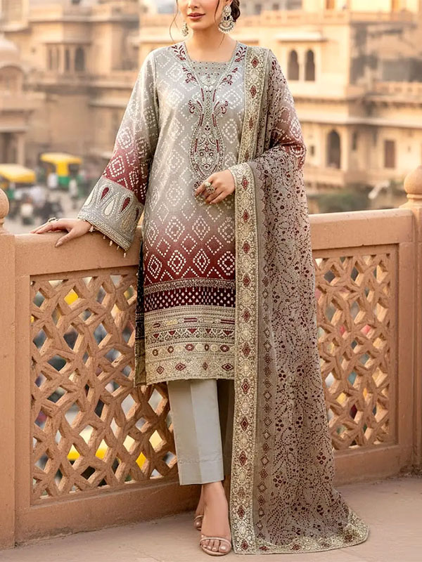 Heavy Embroidered Chunri Print Lawn Dress Design with 4-Side Embroidered Chiffon Dupatta (Unstitched) (DRL-2467)