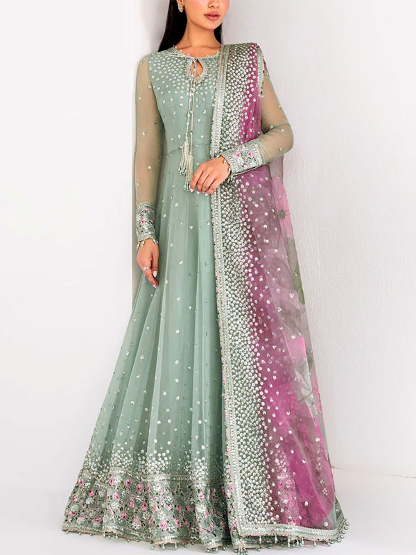 Heavy Embroidered Fancy Chiffon Bridal Maxi Dress with NET Embroidered Dupatta (Unstitched) (CHI-997)