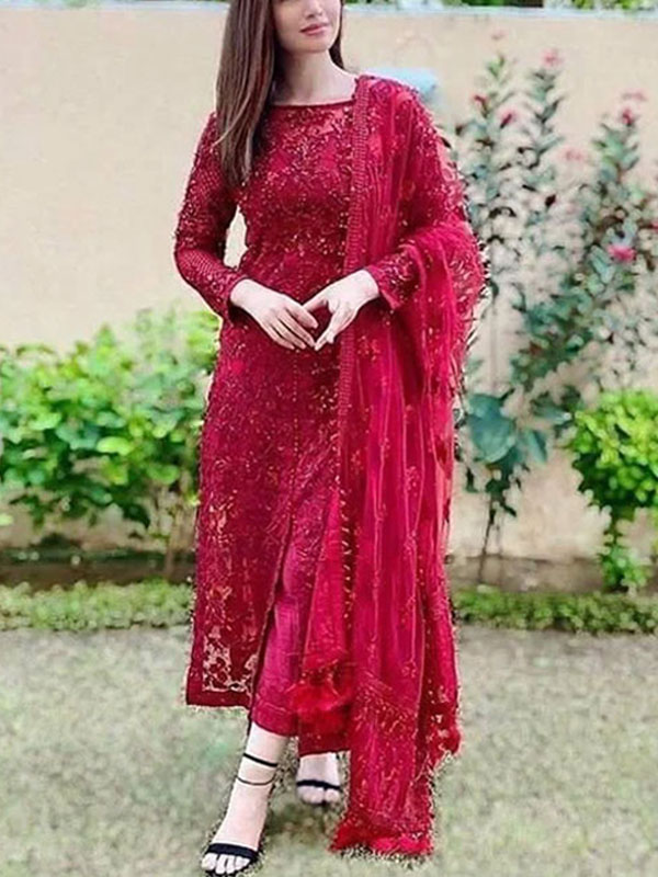 Heavy Embroidered Maroon Net Formal Wedding Dress Net Embroidery Dupatta With Trouser (CHI-469)	
