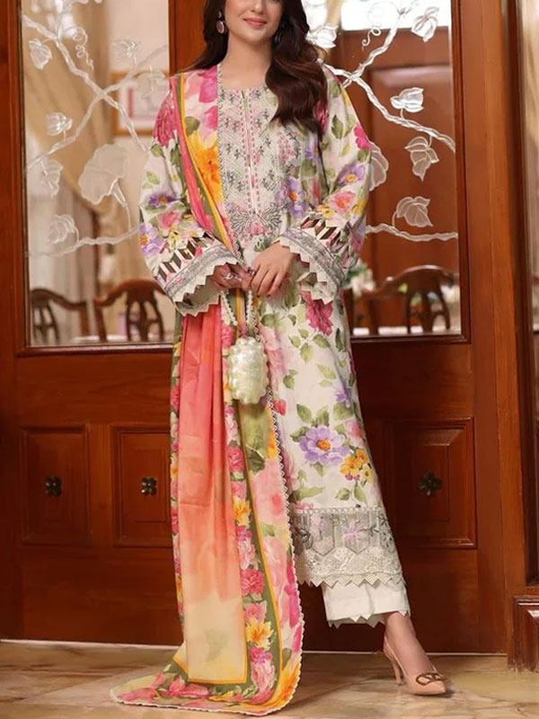 Heavy Embroidered Lawn Printed Dress With 4-Sided Chiffon Embroidered Dupatta (Unstitched) (DRL-2401)