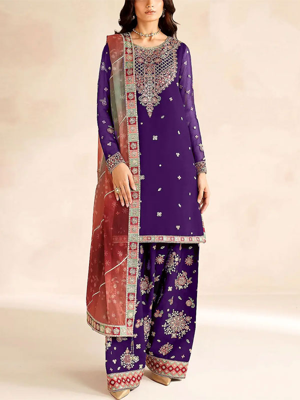 Heavy Embroidered Purple Formal Chiffon Dress With Embroidered Chiffon Dupatta (Unstitched) (CHI-1102)