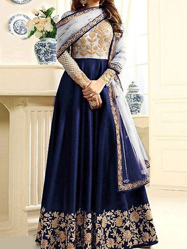 Indian Embroidered Navy Blue Chiffon Maxi Dress  (CHI-491)
