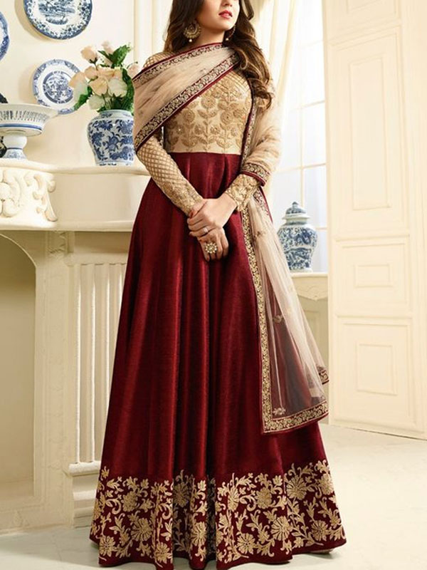 Indian Embroidered Maroon Chiffon Frock Dress (CHI-373)