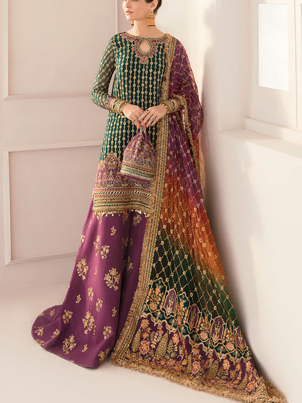 Latest Embroidered Organza Dress With Double Shadeed Embroidered Dupatta (Unstitched) (CHI-890)