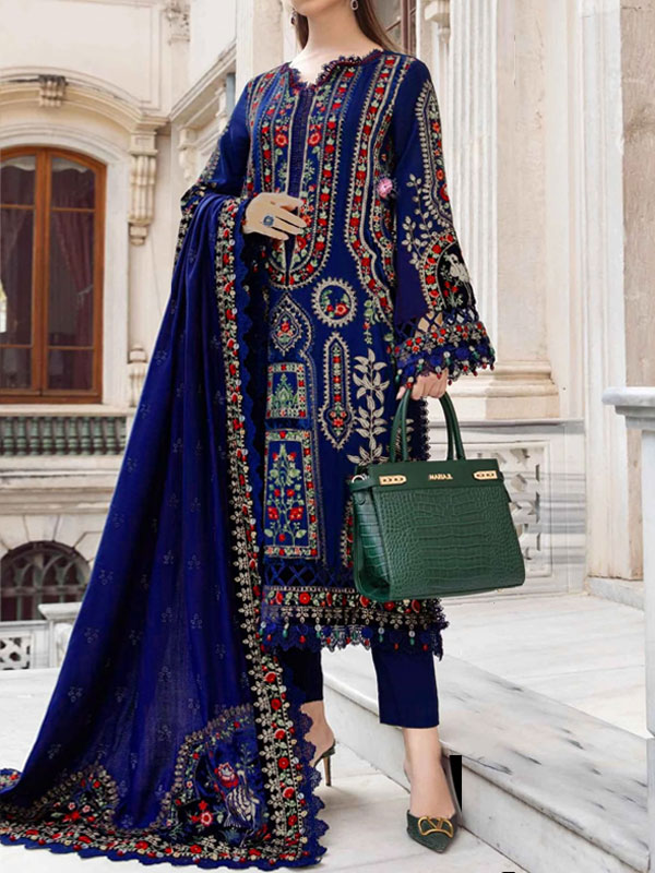 3 Pec Cotton Lawn Heavy Embroidered Dress With Chiffon Embroidered Dupatta Plain Trouser (Unstitched) (DRL-2068)