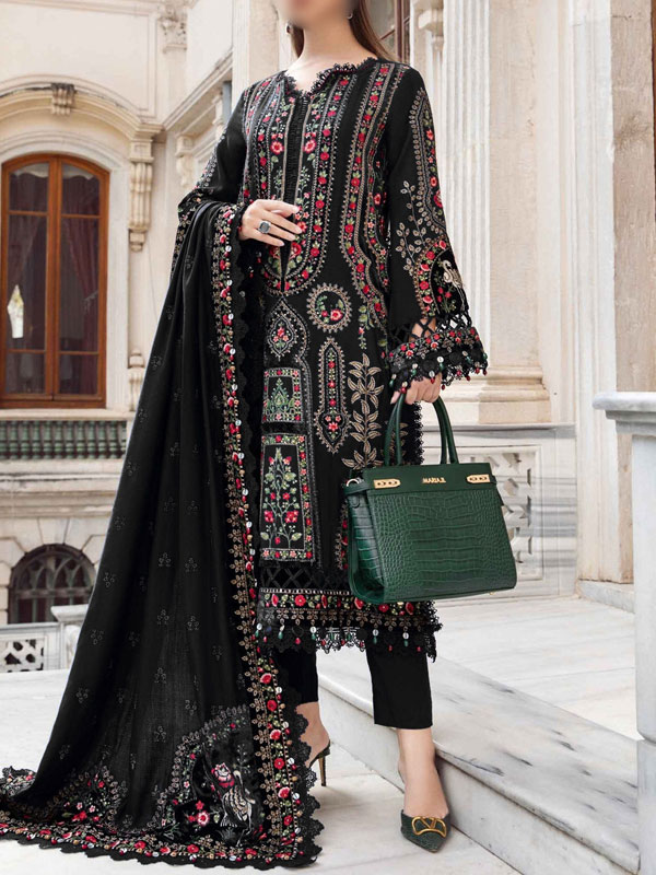 Elegant Cotton Heavy Embroidered Dress With Chiffon Embroidered Dupatta Plain Trouser (Unstitched) (DRL-2234)