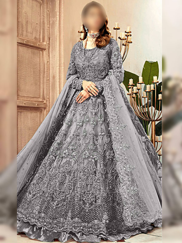 Luxurious 3D Handwork & Embroidered Net Bridal Maxi Dress (Unstitched) (CHI-1011)