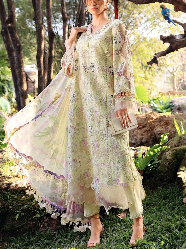 Luxury Butterfly Design Schiffli Embroidered EID Lawn Dress with Emb. Chiffon Dupatta (Unstitched) (DRL-2411)