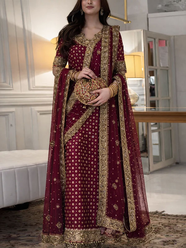 LUXURY Chiffon Adda Work Heavy Embroidered Dress With Cluch With 4 Sided Embroidered Dupatta (Unstitched) (CHI-1100)