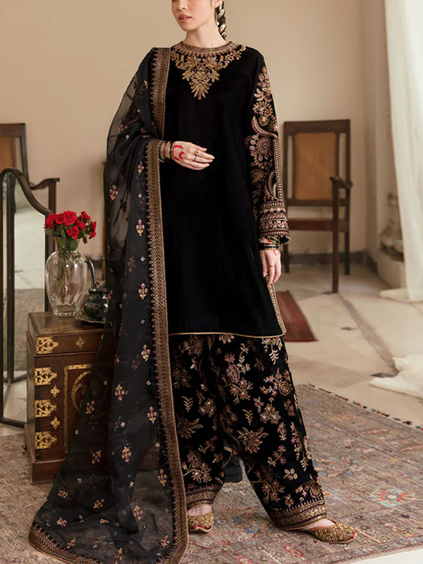 Velvet Luxury Embroidered Wedding Dress Net Embroidery Dupatta Silk Heavy Embroidery Trouser (Unstitched) (CHI-931)