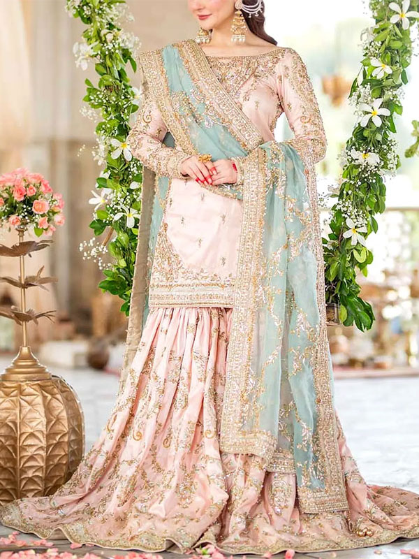 Luxury Embroidered Powder Pink NET Bridal Sharara Dress with Hand Embellishments (CHI-1105)