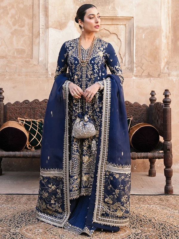 Faiza Saqlain Chiffon Handwork Embroidered Navy Dress Wedding Wear Collection With Chiffon Embroidered Dupatta (Unstitched) (CHI-1128)