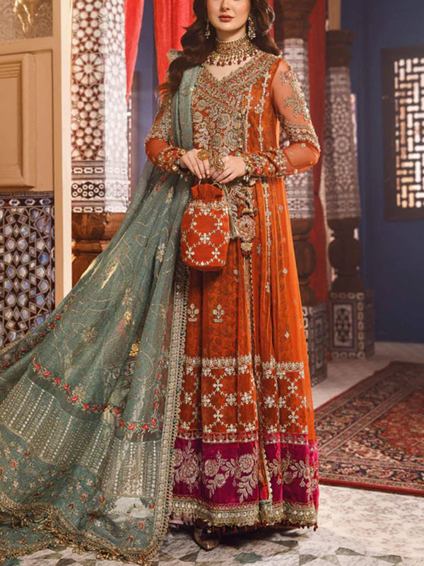 NET Heavy Embroidered Frock With 4 Sided Embroidered Dupatta (Unstitched) (CHI-1078)