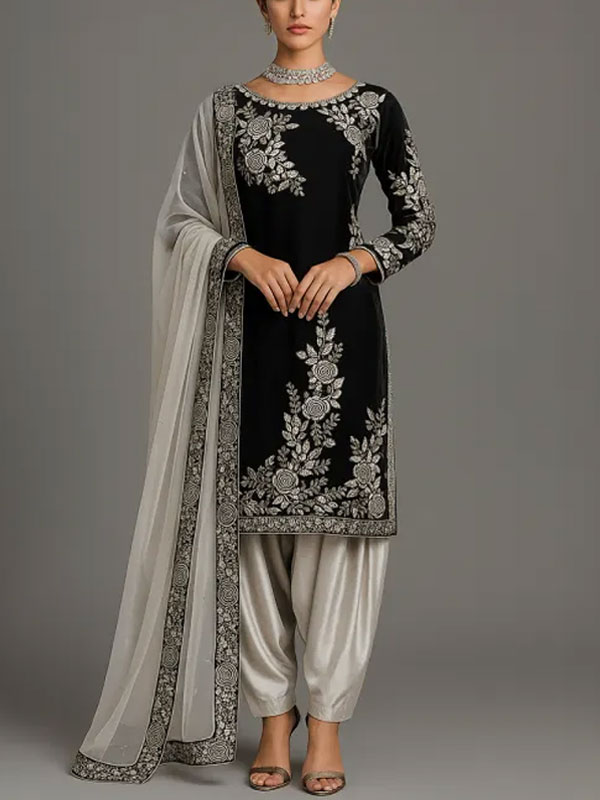 SILK Latest Embroidered Black Party Wear Dress 3 Pc Suite (Unstitched) (CHI-563)