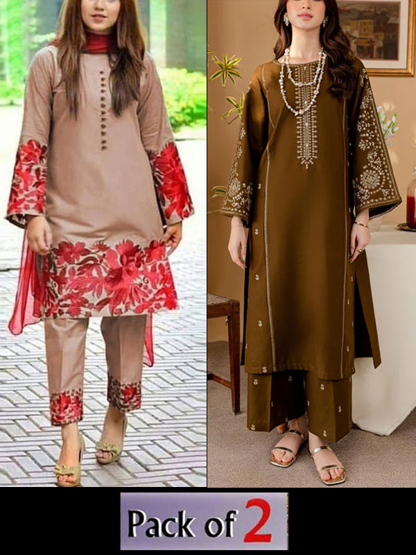 Pack Of 2 - Cotton Lawn Heavy Embroidered Dress Embroidery Tourser 2 PCs (Deal-98)