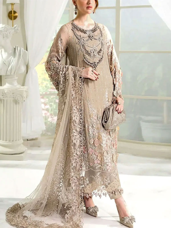 Chiffon Latest Collection 3D Handwork Heavy Embroidered Wedding Dress (Unstitched) (CHI-1063)