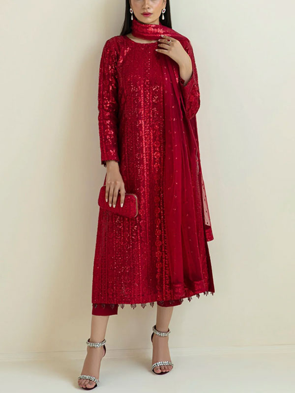 Semi Pure Chiffon Embroidered Dress With Soft NET Embroidered Dupatta (Unstitched)  (CHI-994)
