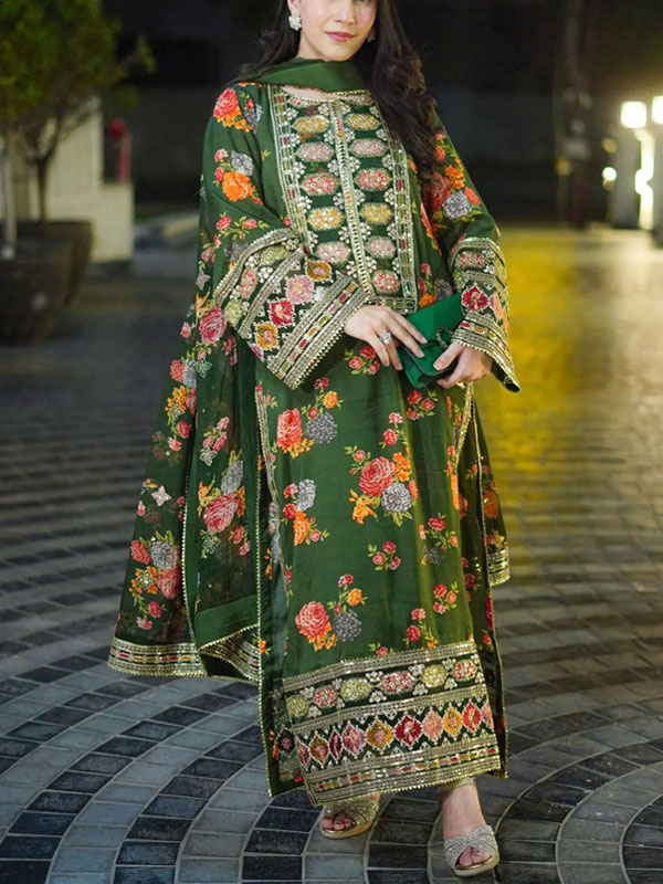 Shamoze Silk Orignal Heavy Embroidered Bunches Dress With Embroidery Silk Dupatta (Unstitched) (CHI-1019)