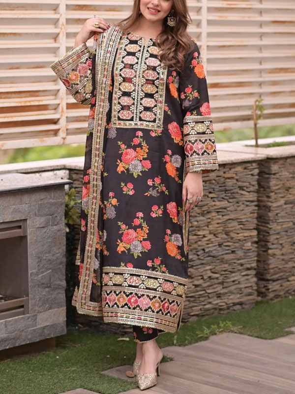 Shamoze Silk Heavy Embroidered Dress With Printed Silk Dupatta (Unstitched) (CHI-1016)