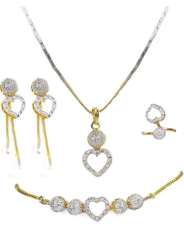 AD Zircon Stylish Heart Necklaces Set Earring & Ring & bracelet For Girls (PS-318)