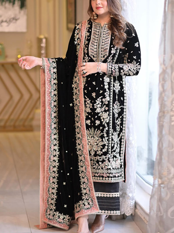 Velvet Heavy Embroidered Dress With Embroidered Chiffon Dupatta (Unstitched) (CHI-1077)