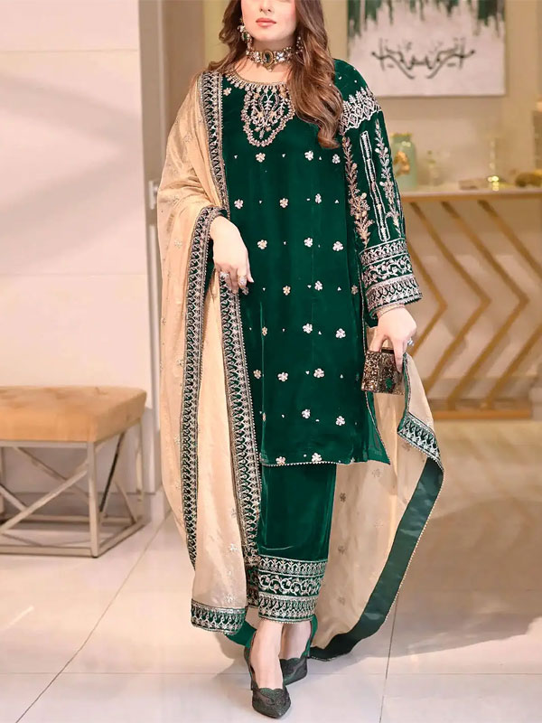 Velvet Heavy Embroidered Dress With Masoori Heavy Embroidered Dupatta (Unstitched) (CHI-1056)